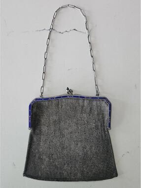 Antique French Art Deco Enamel Sterling 800 Silver Chainmail Handbag Purse 142g